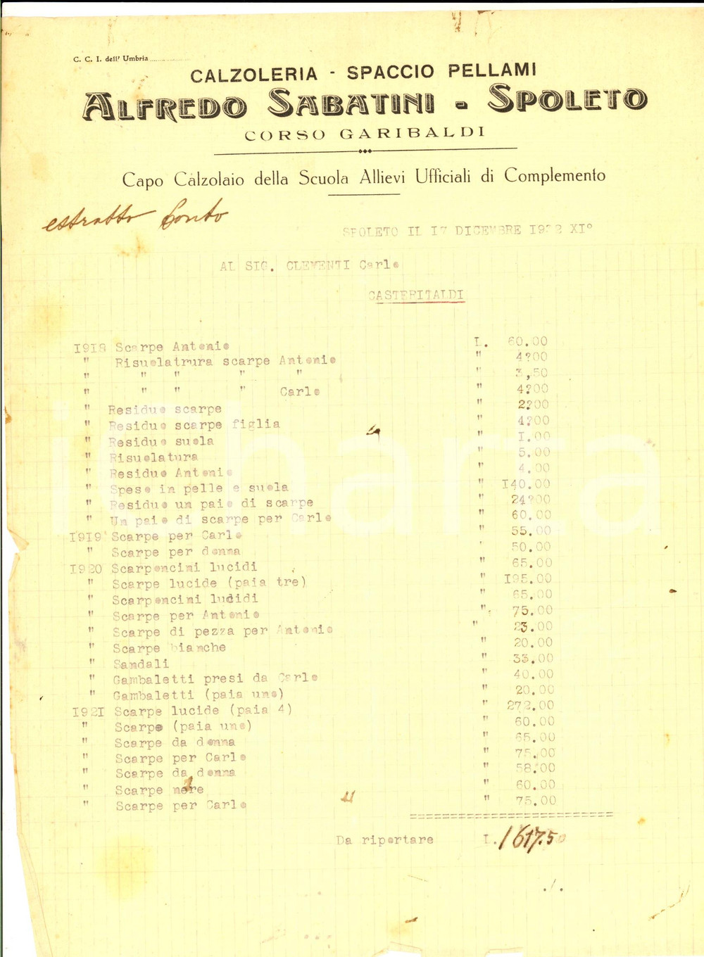 Documento originale, autentico 1932 SPOLETO Alfredo SABATINI Spaccio pellami  Calzoleria Fattura intestata 1