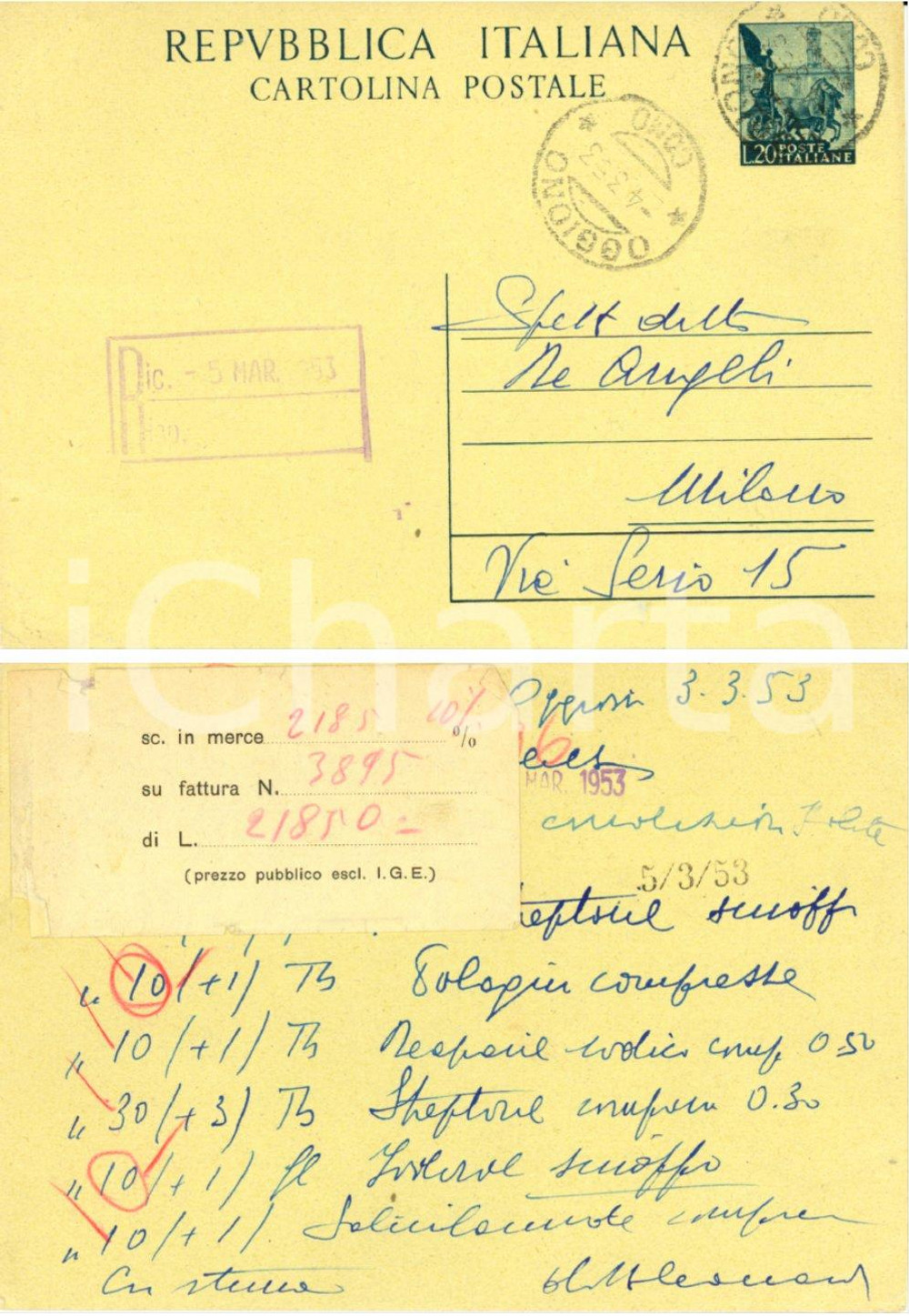 Cartolina originale da collezione 1953 OGGIONO (LC) Farmacia LEONARDI richiede farmaci a DE ANGELI Cartolina FG VG 1