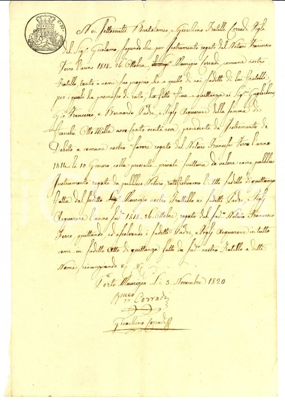 Documento originale, autentico 1820 PORTO MAURIZIO IM Quietanza Bartolomeo e Gioacchino CORRADI 1