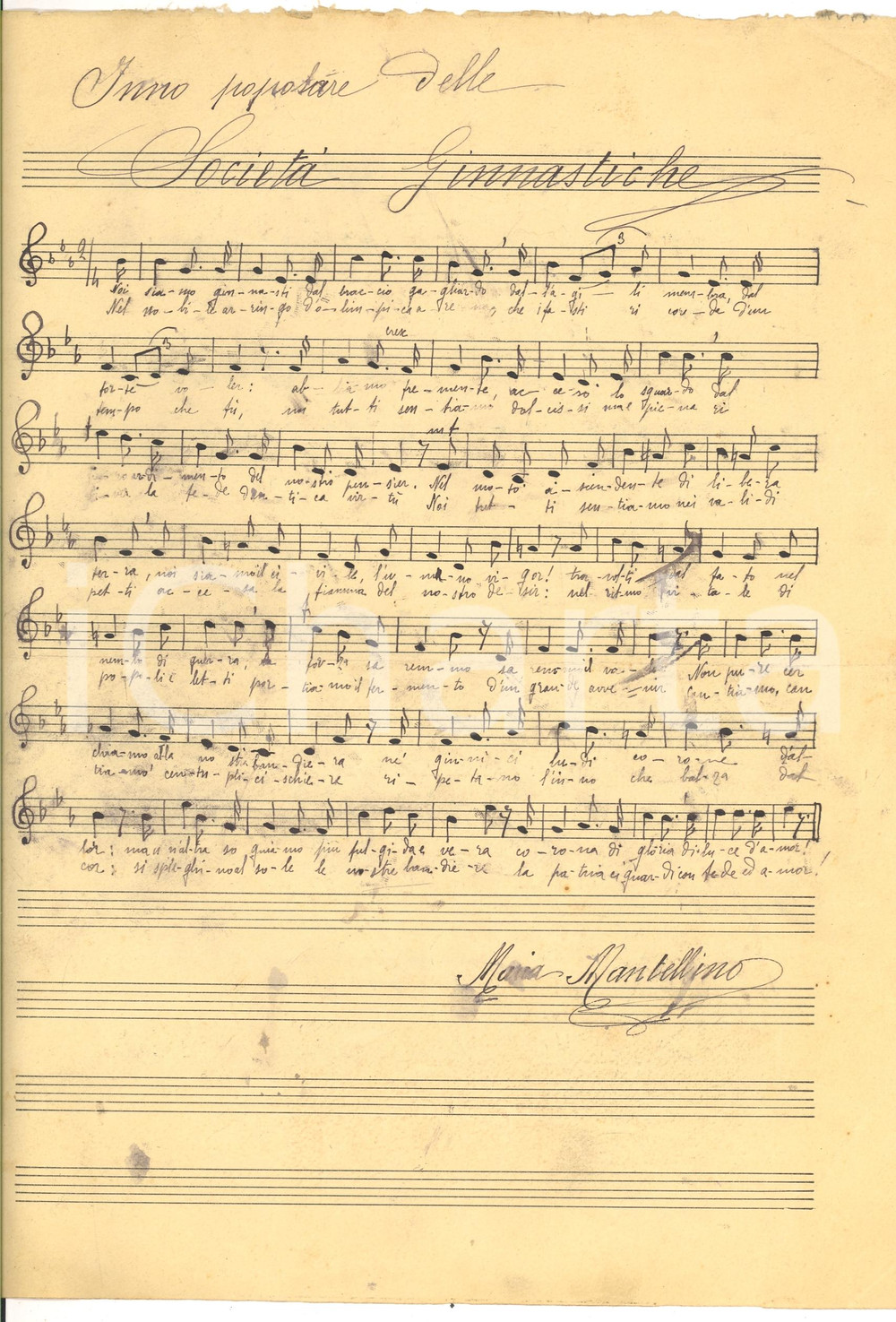 Oggetto da collezione cartaceo 1900 Maria MANTELLINO Inno popolare Società  Ginnastiche Spartito manoscritto 1