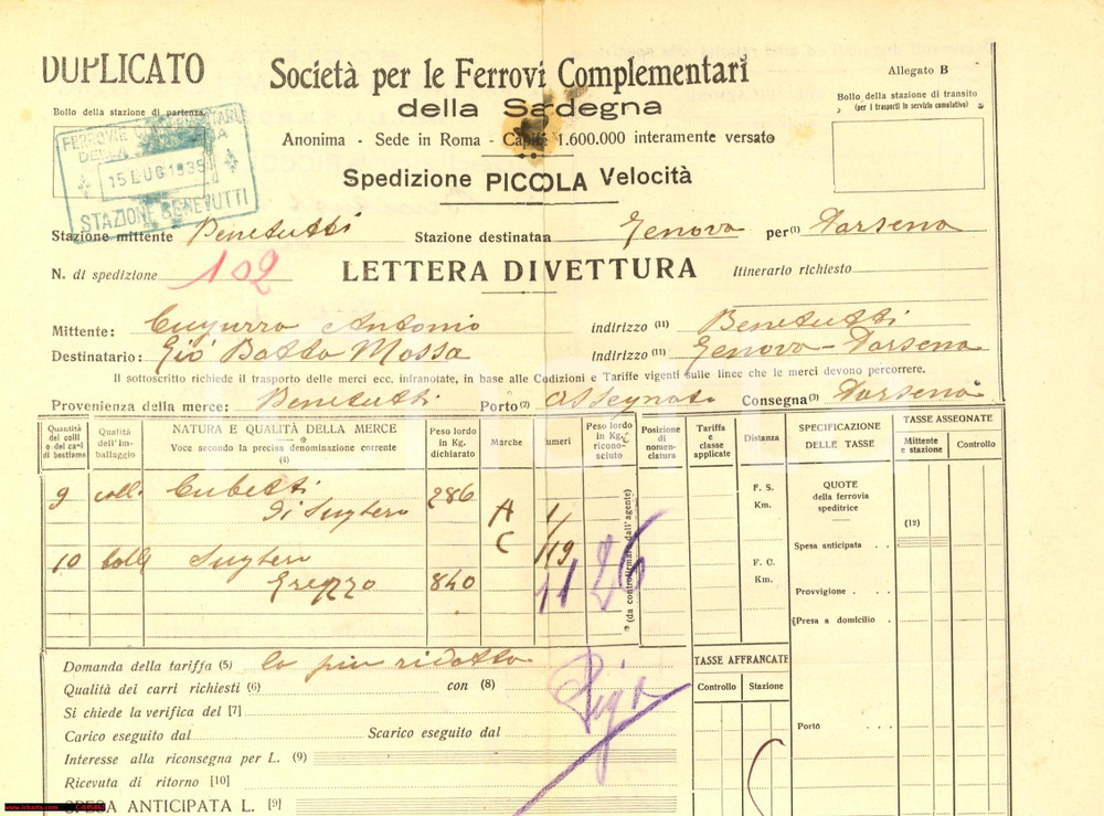 Documento originale, autentico 1935 FCS BENETUTTI (SS) Antonio CUGURRA invia sughero 1