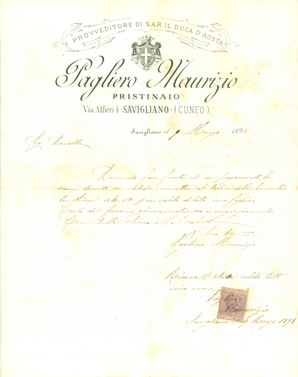 Documento originale, autentico 1898 SAVIGLIANO (CN) Maurizio PAGLIERO pristinaio *Lettera commerciale AUTOGRAFA 1