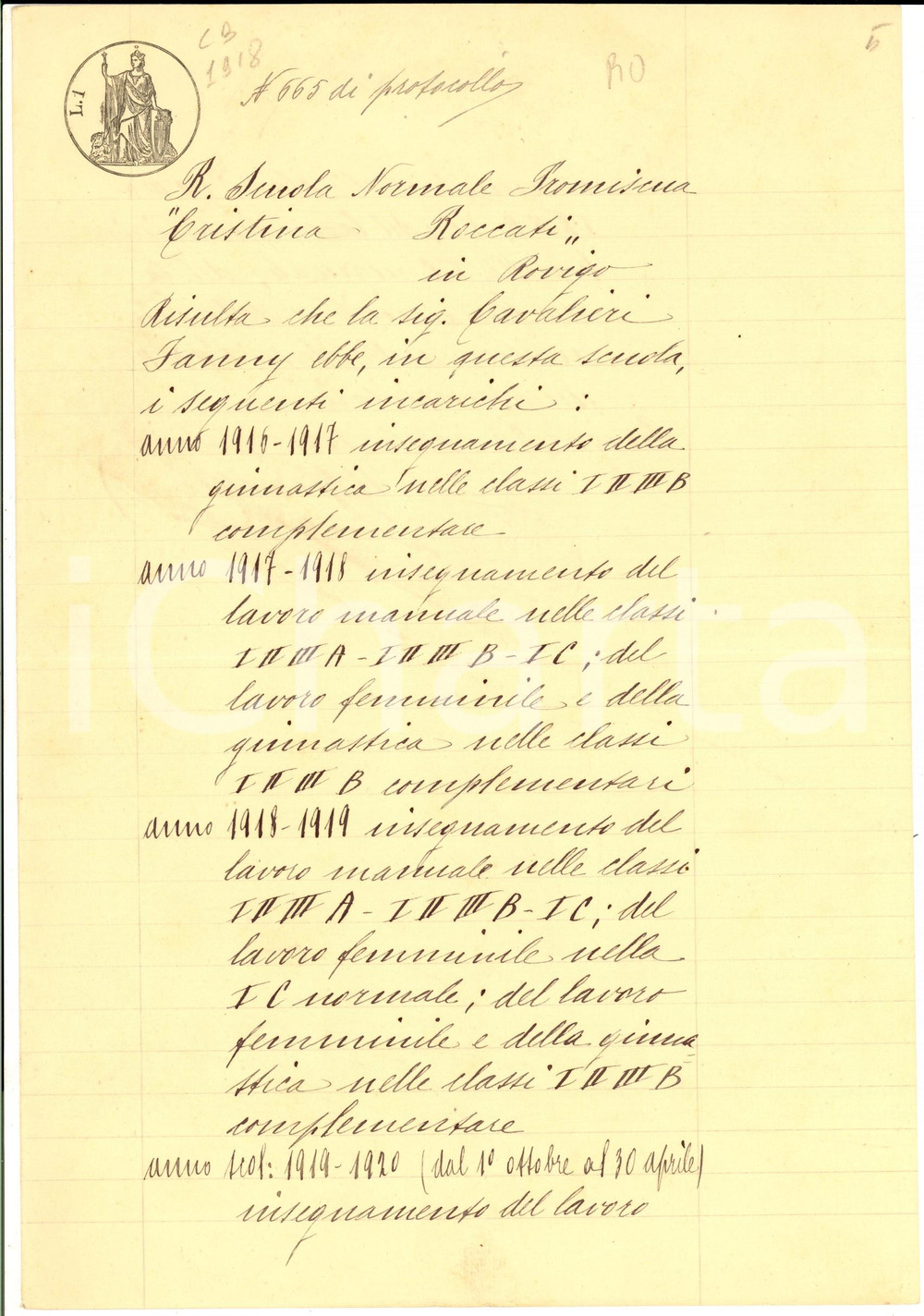 Documento originale, autentico 1920 ROVIGO Regia Scuola ROCCATI  Incarichi insegnante Fanny CAVALIERI 1