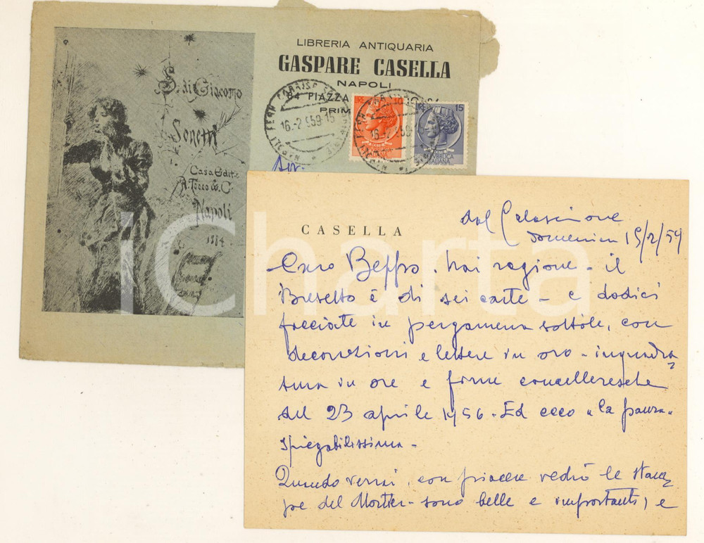Autografo originale 1959 NAPOLI Biglietto libraio Gaspare CASELLA per antico brevetto  Autografo 1