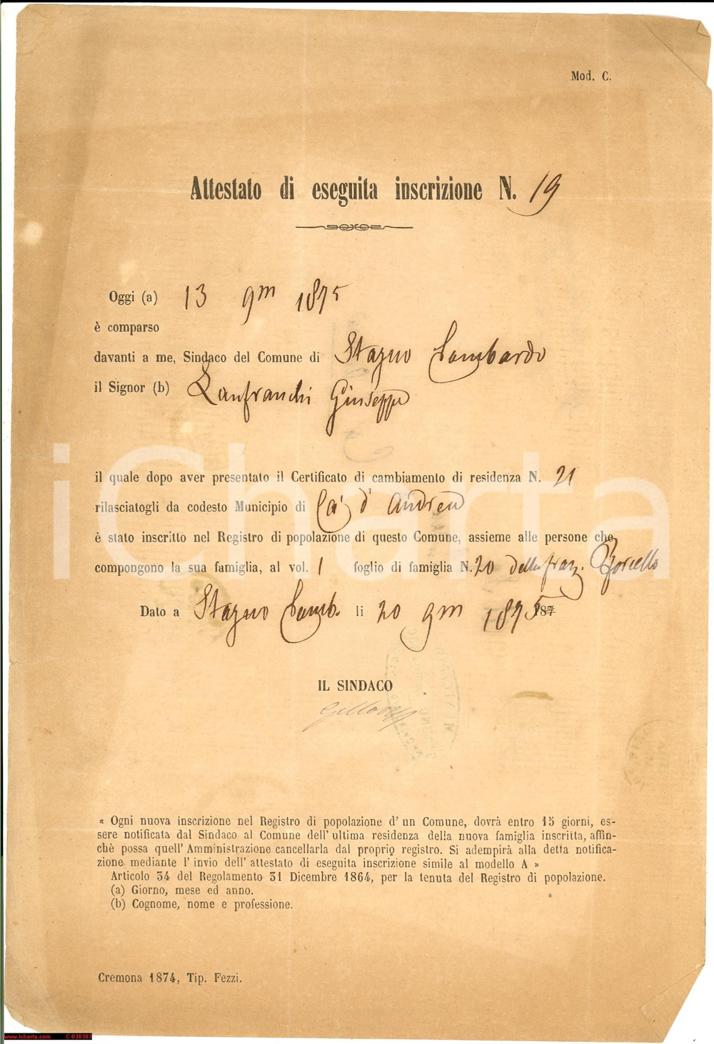 Documento originale, autentico 1875 STAGNO LOMBARDO (CR) Residenza Giuseppe LANFRANCHI 1