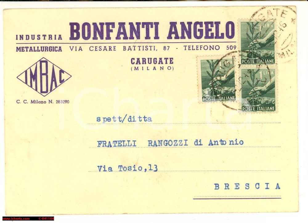Cartolina originale da collezione 1946 CARUGATE (MI) Metallurgica IMBAC Bonfanti Angelo 1