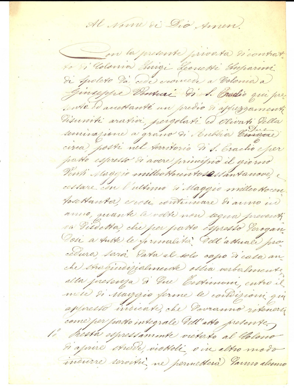 Documento originale, autentico 1869 SANT ERACLIO PG Contratto colonato per Giuseppe VENTURI Manoscritto 1
