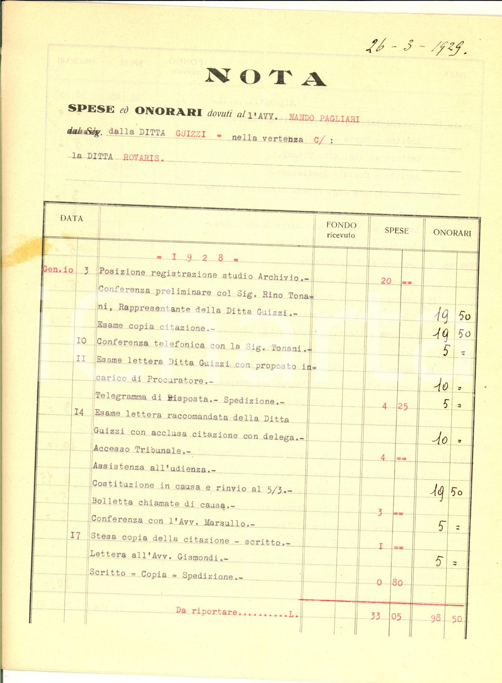 Documento originale, autentico 1929 CABIATE CO Nota spese e onorari all avv. Nando PAGLIARI per vertenza 1
