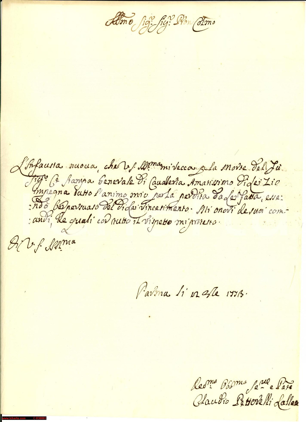 Manoscritto, lettera originale 1773 PARMA Lettera autografa Claudio PETTORELLI LALATTA 1
