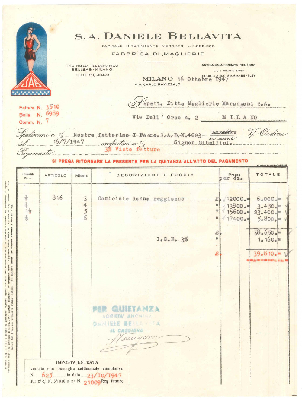 1947 MILANO Via Carlo Ravizza 7 - S.A. Daniele BELLAVITA Maglierie - Fattura 6 Fattura commerciale d'epoca dattiloscritta, su carta intestata.PAGINE: 1  FAIR/discreto piegature d'epoca; piccoli fori da spillatura e piccola macchia al lato superiore Formato: 21x28 cm originale e autentica 1