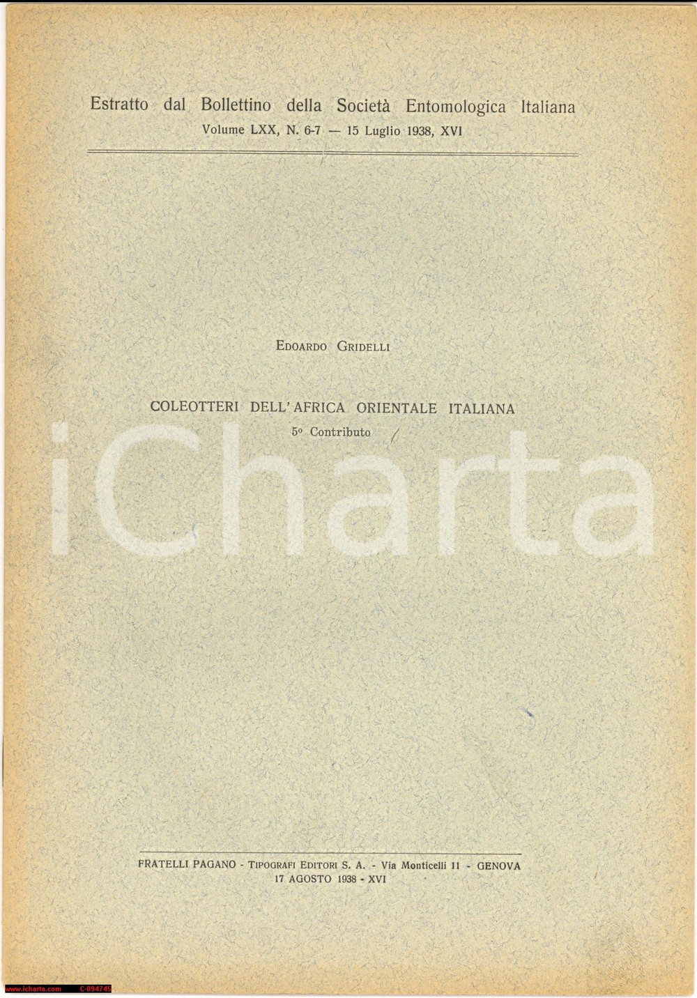 Oggetto da collezione cartaceo 1938 Edoardo Gridelli – Coleotteri dell’Africa Orientale Italiana  Libretto 1