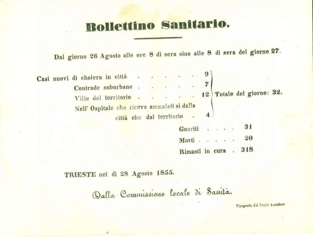 Documento originale, autentico 1855 TRIESTE Bollettino sanitario colera in cittÃ  Documento 1