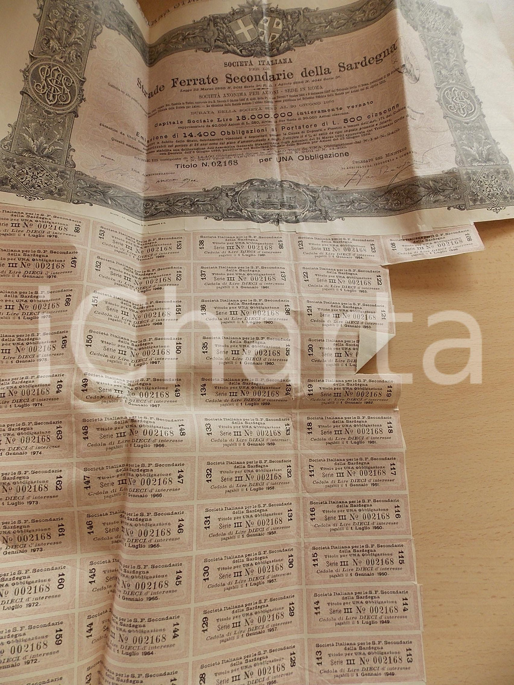 Oggetto da collezione cartaceo 1938 ROMA SocietÃ  Strade Ferrate Secondarie SARDEGNA Obbligazione CEDOLE 3 1