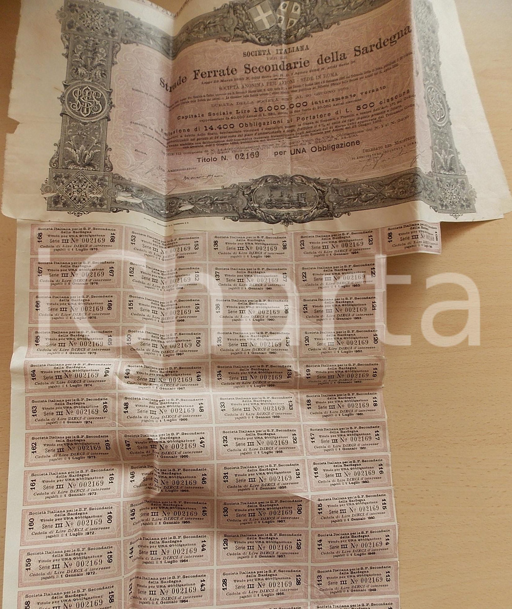 Oggetto da collezione cartaceo 1938 ROMA SocietÃ  Strade Ferrate Secondarie SARDEGNA Obbligazione CEDOLE 4 1