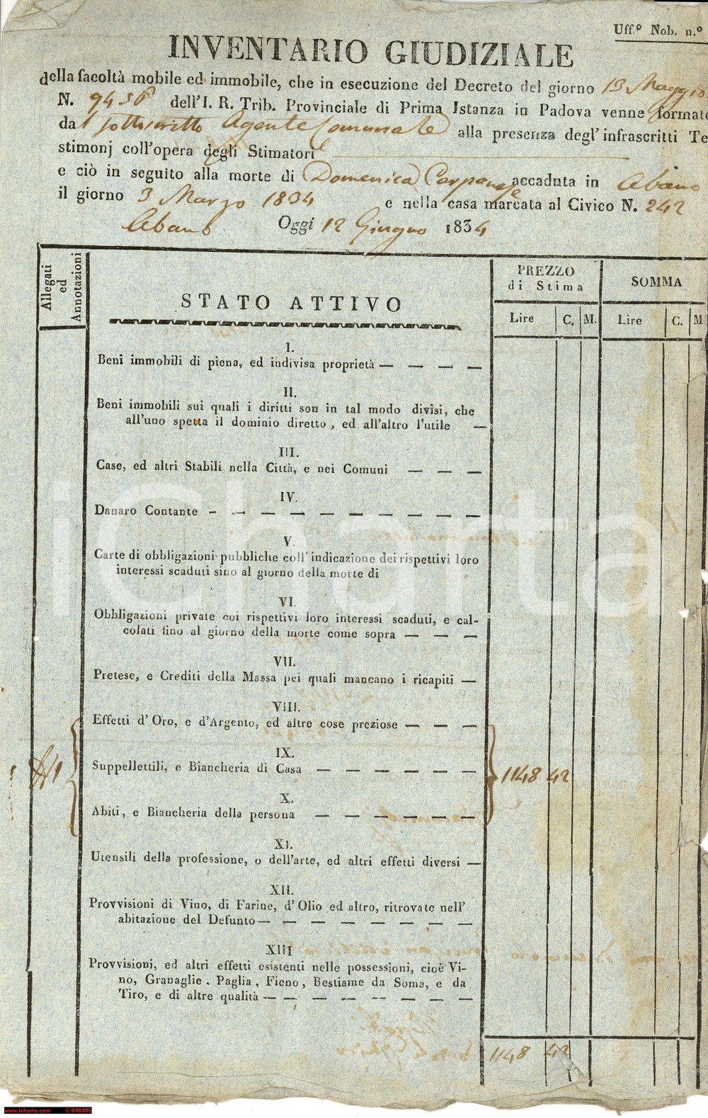 Documento originale, autentico 1834 ABANO TERME (PD) EreditÃ  Domenica CARPANESE 1