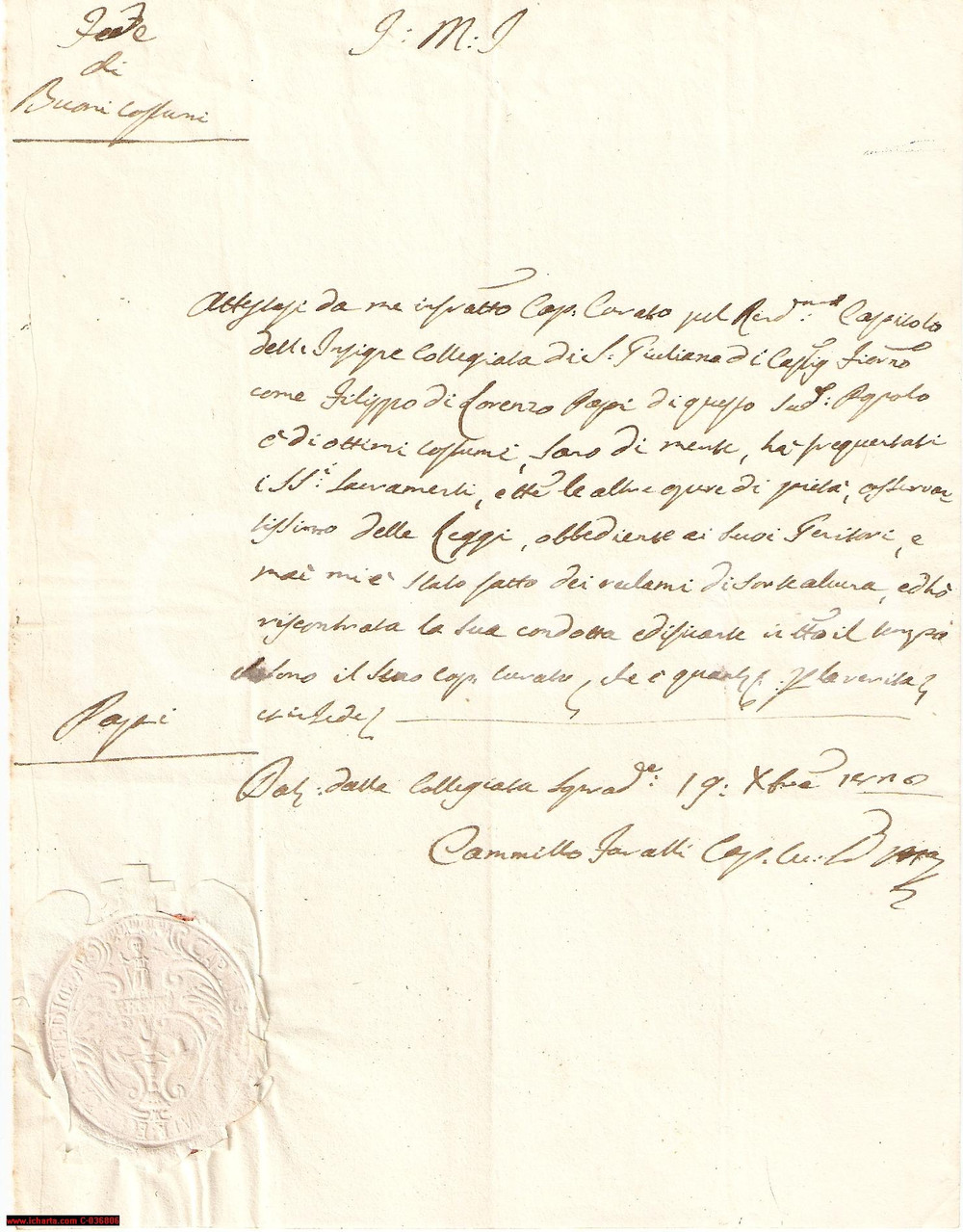 Documento originale, autentico 1826 CASTIGLION FIORENTINO Fede di buoni costumi Filippo PAPI 1