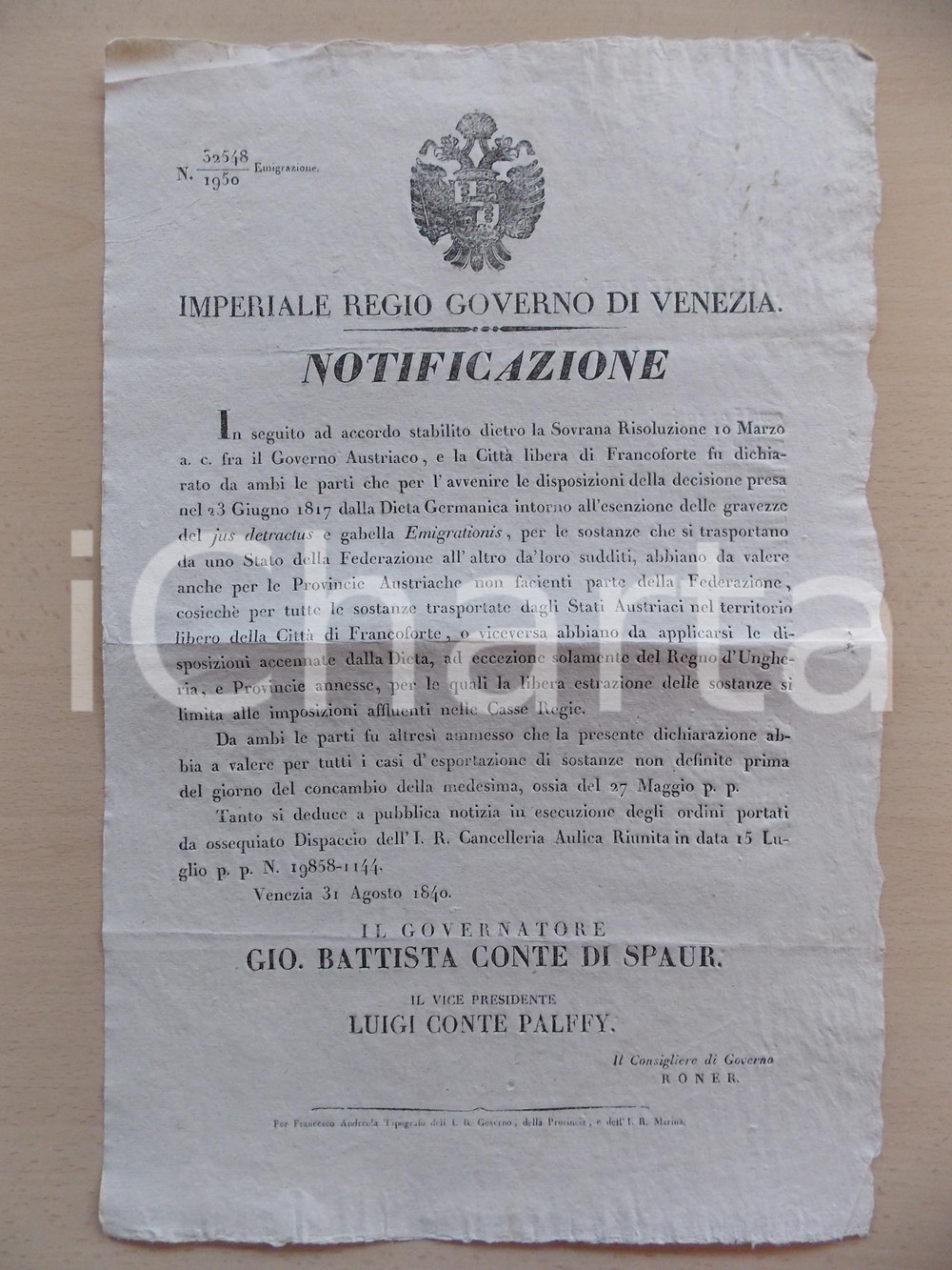Documento originale, autentico 1840 VENEZIA Norme per trasporto merci in Confederazione Germanica *Manifesto 1