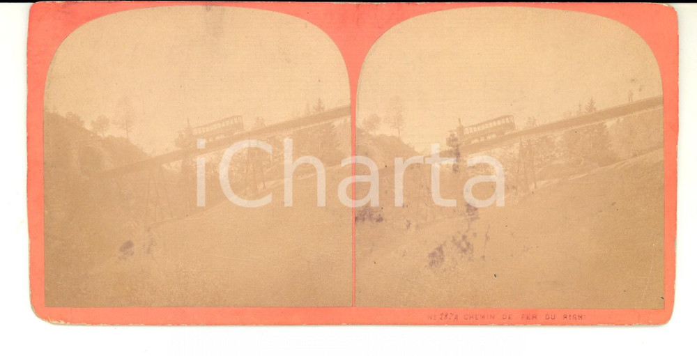 Fotografia d epoca originale 1880 RIGHI SVIZZERA LA ferrovia Animata con treno foto stereoscopica 18x9 1