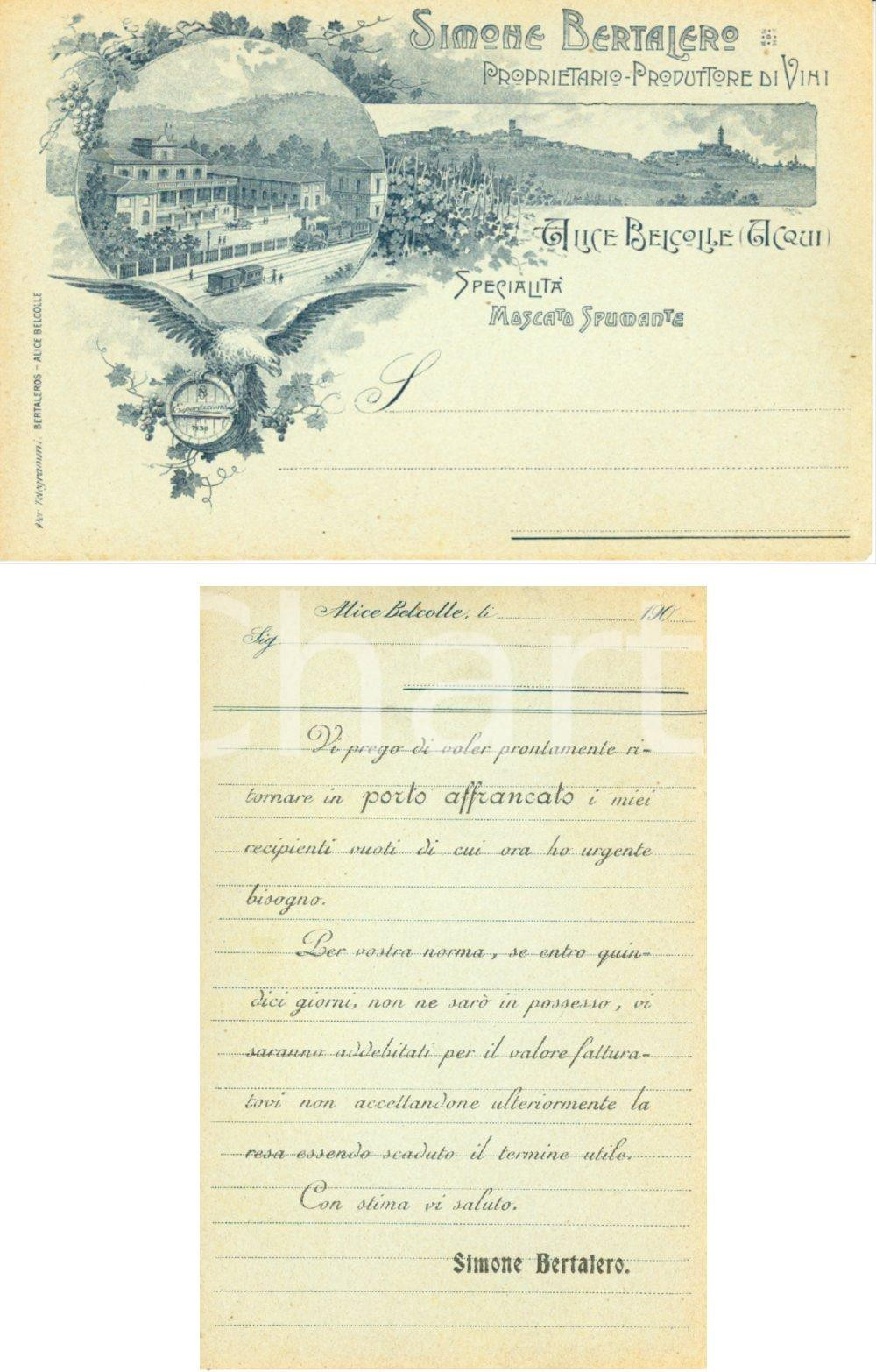 Cartolina originale da collezione 1900 ca ALICE BEL COLLE AL Simone BERTALERO produttore Moscato INTESTATA FP NV 1