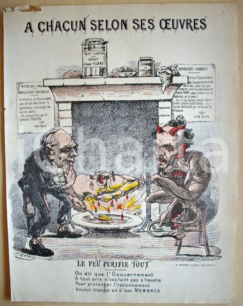 Stampa, bozzetto originale 1871 Caricatura A chacun selon ses Oeuvres F. MATHIS 1