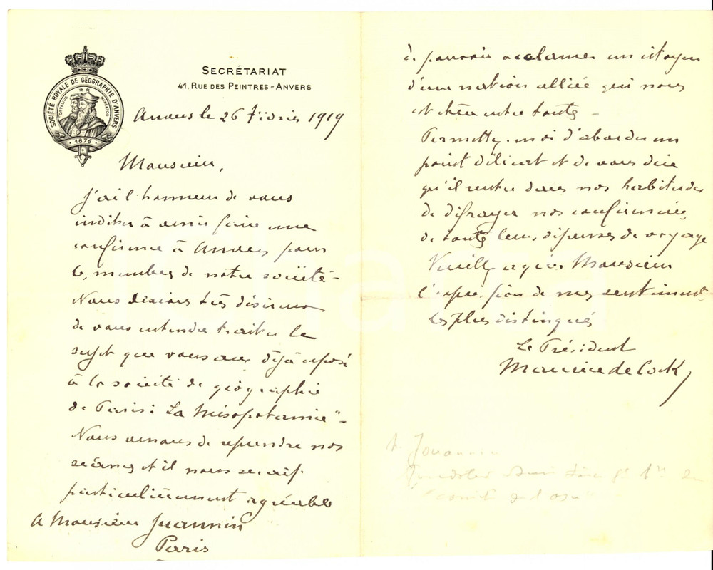 Autografo originale 1919 ANVERS SociÃ©tÃ© GÃ©ographie Maurice DE COCK Autogr. 1
