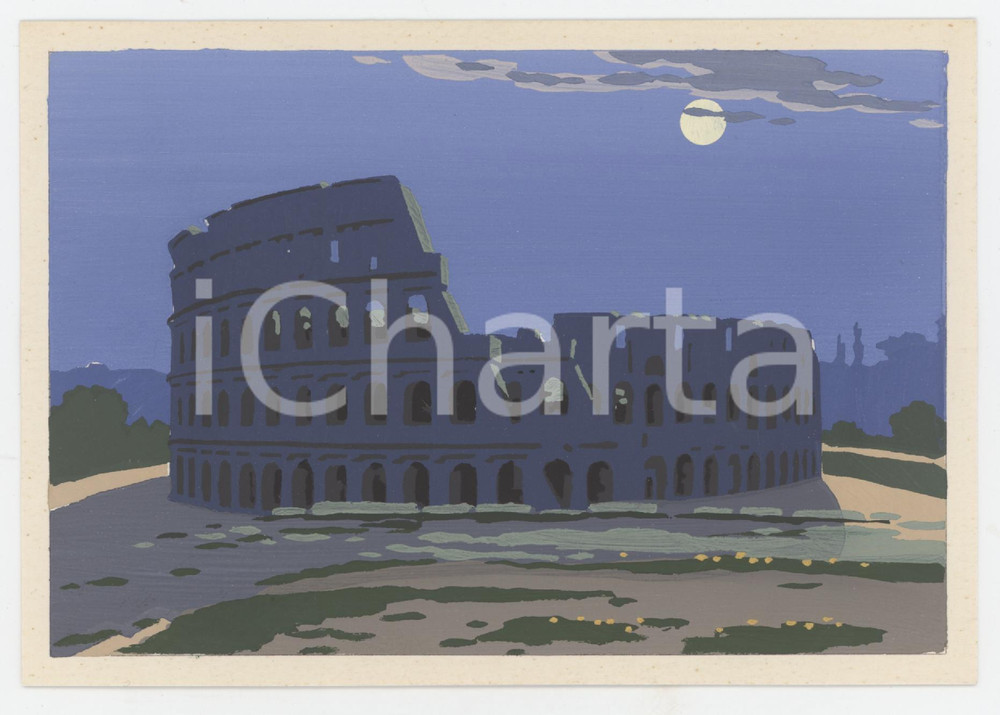 1935 ROMA Colosseo - Ill. Giovanni MESCHINI - Cartolina DIPINTA A MANO FG NV Cartolina postale d'epoca, dipinta a mano, non viaggiata.  FAIR/discreto Residuo di incollatura al verso. Formato: FG originale e autentica 1