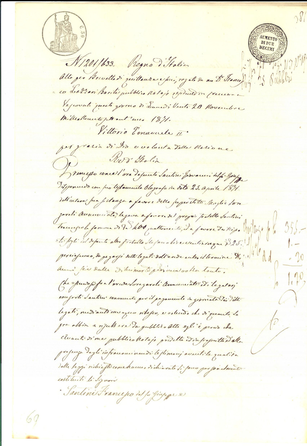 Documento originale, autentico 1871 CREMONA Quietanza dei fratelli SANTINI ad Annunciata SOREGAROLI Manoscritto 1