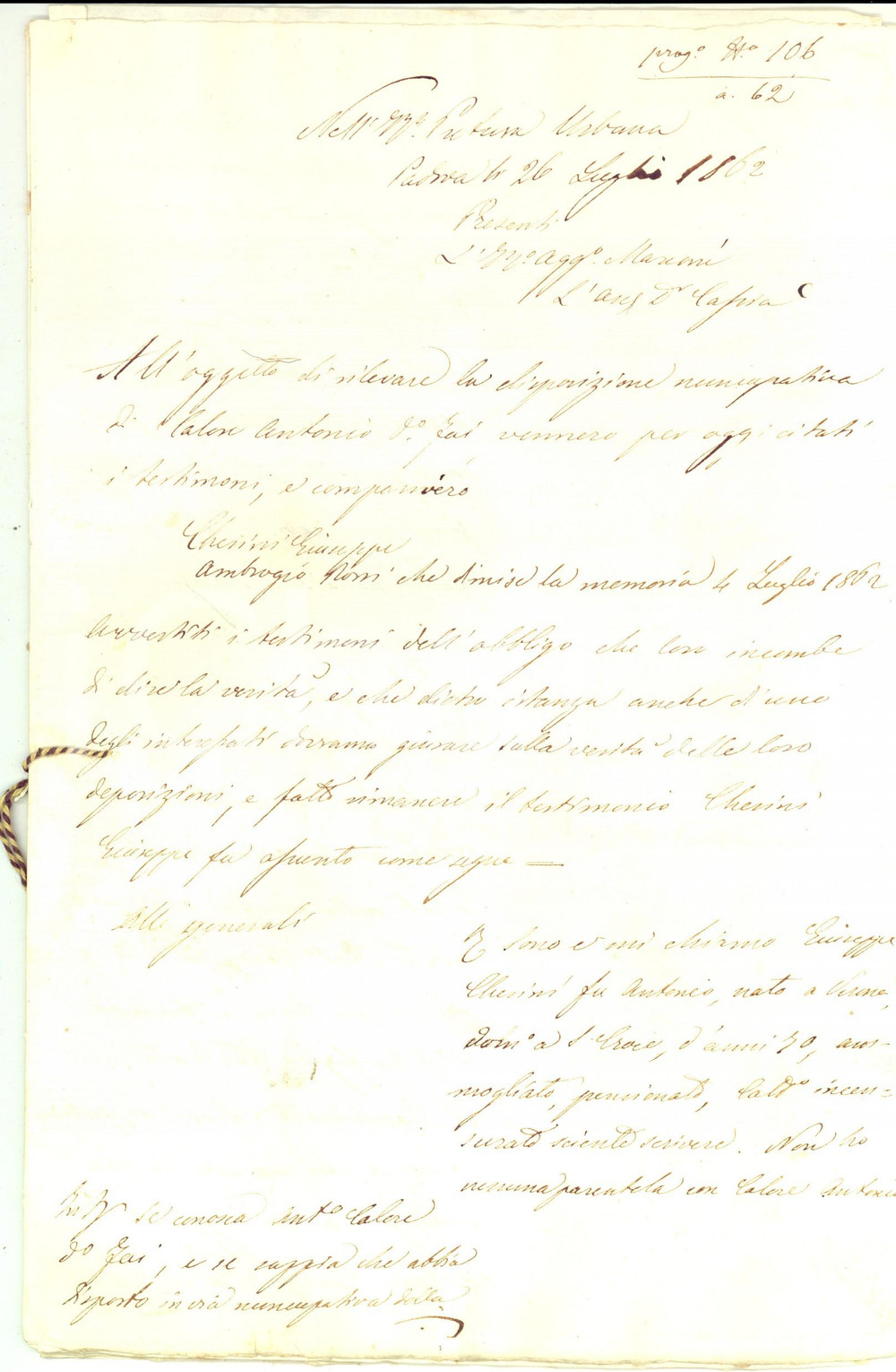 Documento originale, autentico 1862 PADOVA Testamento nuncupativo di Antonio CALORE a favore del figlio 1