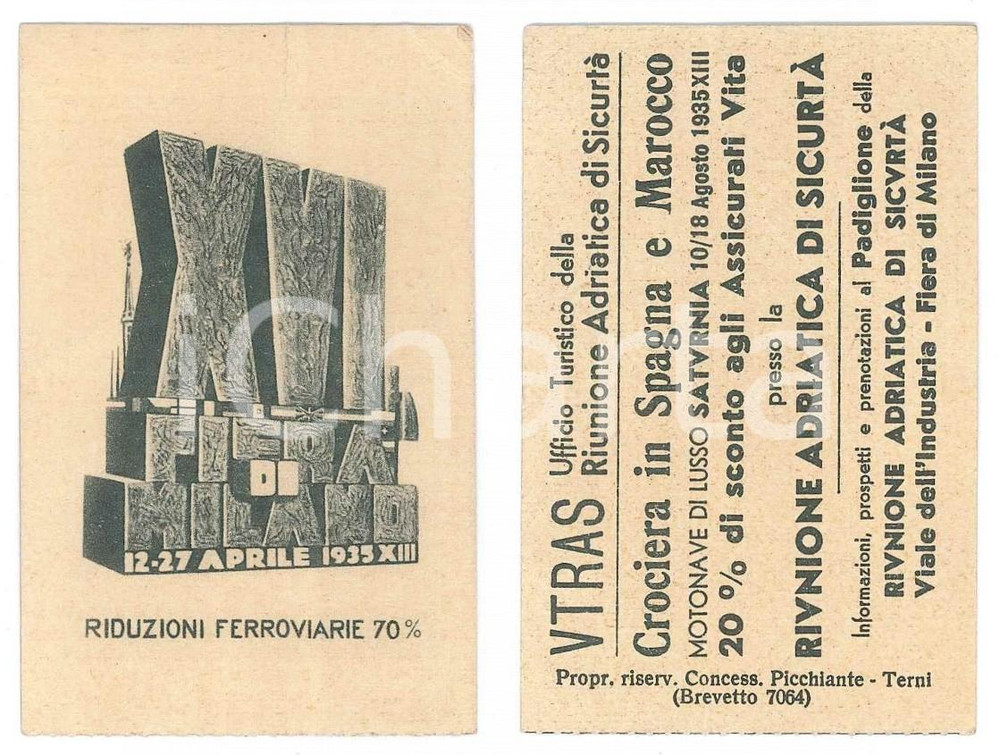 Oggetto da collezione cartaceo 1935 XVI FIERA DI MILANO Riunione Adriatica SicurtÃ  UTRAS Riduzione ferroviaria 1