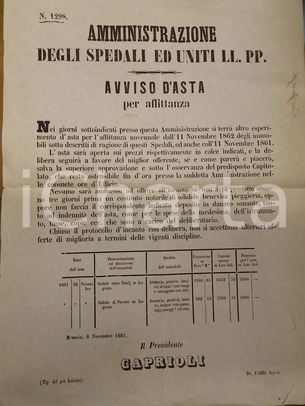 Documento originale, autentico 1861 LOGRATO (BS) Avviso d'asta per fondi rurali SPEDALI ED UNITI 31x42 cm 1