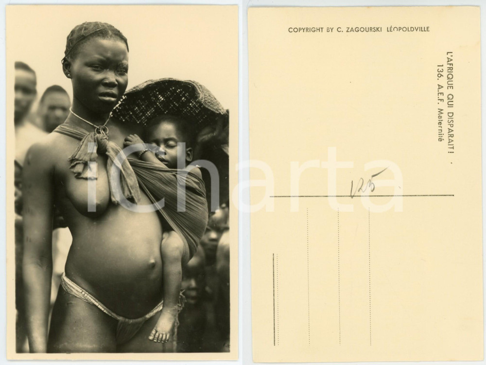 1930 ca C. ZAGOURSKI «L'Afrique qui disparaît»  A.E.F. - Maternité - Postcard  Fotocartolina postale d'epoca, appartenente alla serie &laquo;L'Afrique qui dispara&icirc;t&raquo; del fotografo Casimir Zagourski (L&eacute;opoldville).N&deg; 136, non viaggiata.CONDIZIONI: G FORMATO: 9x14 cm    originale e autentica 1