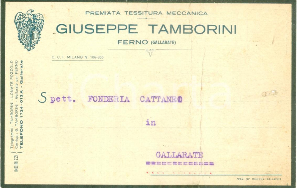 Cartolina originale da collezione 1931 FERNO Giuseppe TAMBORINI Premiata Tessitura Meccanica Cartolina DANNEGGIATA 1