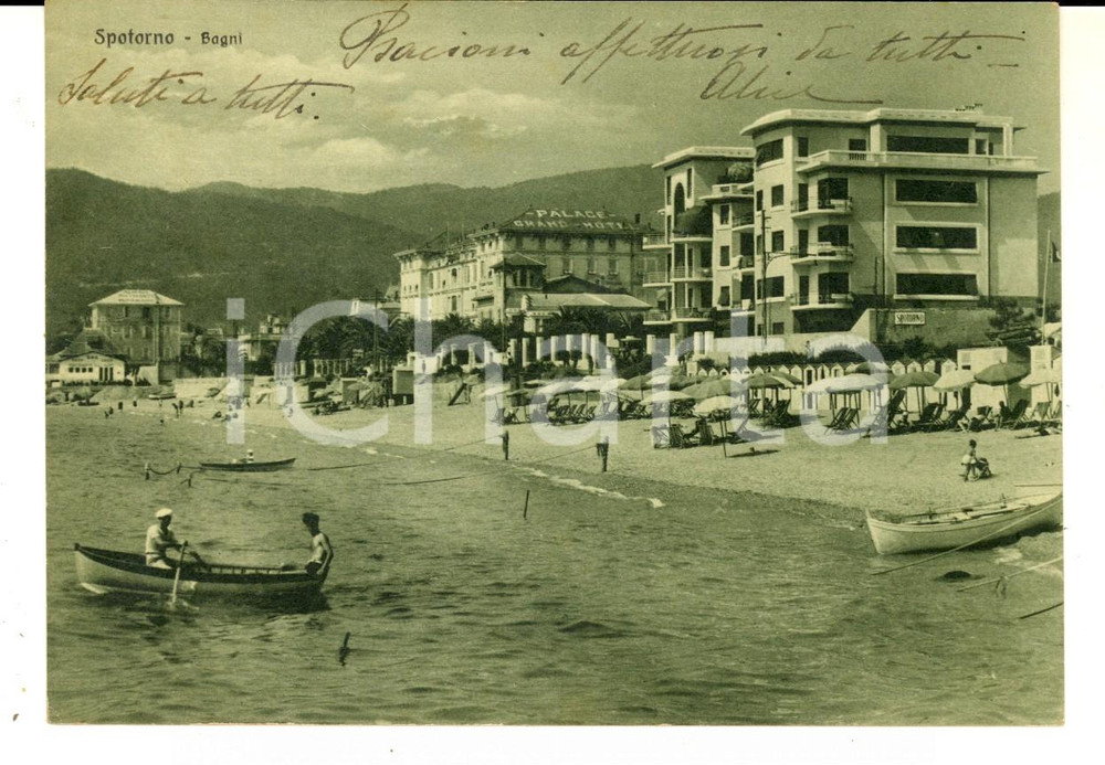 Cartolina originale da collezione 1935 SPOTORNO (SV) Veduta dei bagni *Cartolina animata con canoe FG 1