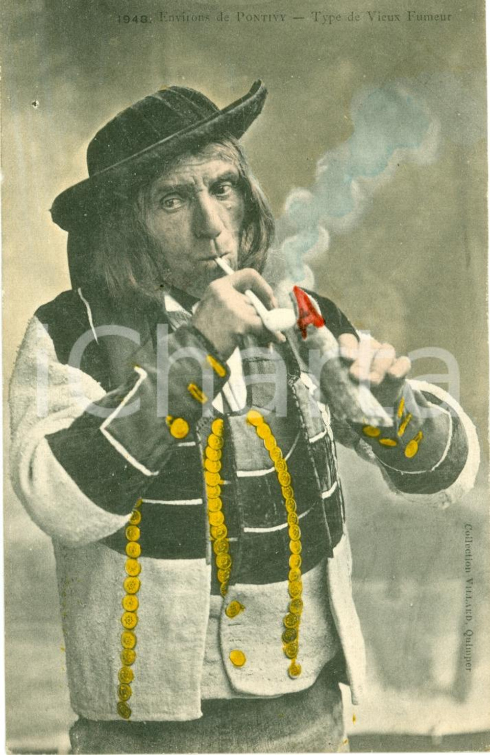 Cartolina originale da collezione 1910 ca PONTIVY (F) Costumi fumatori *Le vieux fumeur FP NV 1