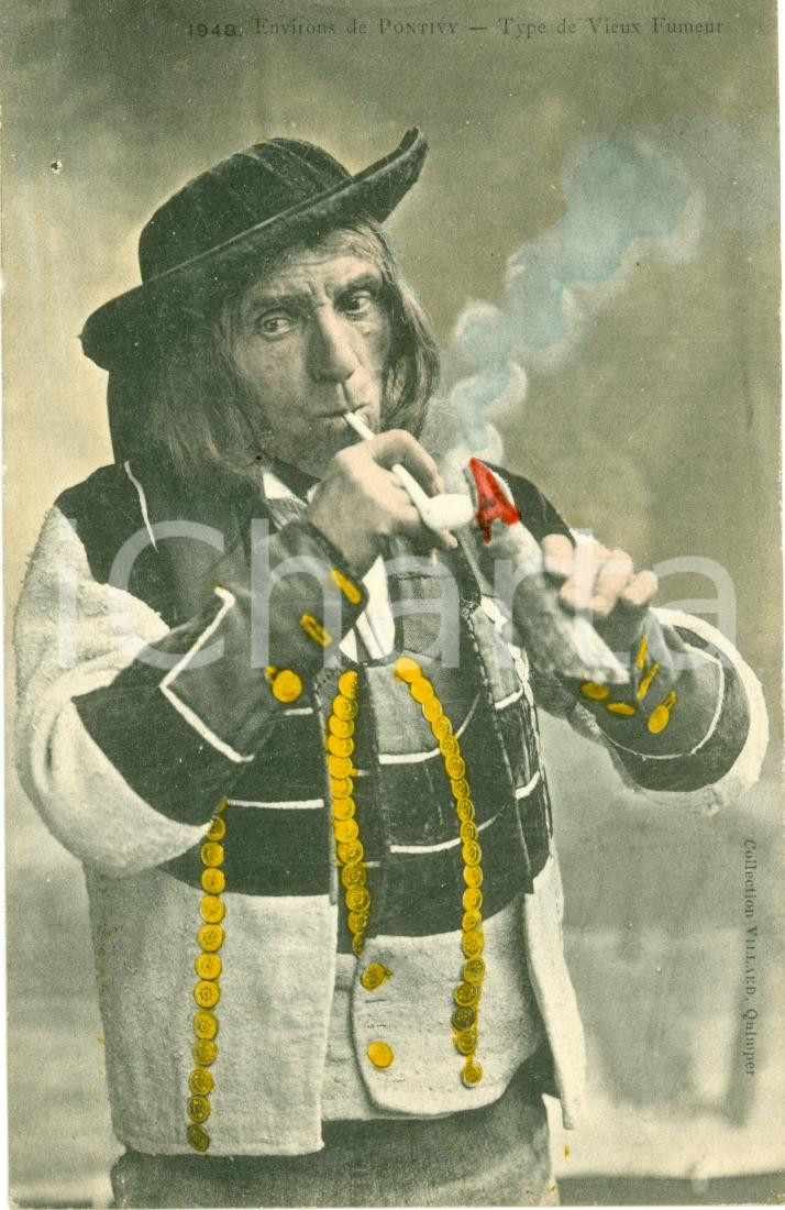 Cartolina originale da collezione 1910 ca PONTIVY F Costumi fumatori Le vieux fumeur FP NV 1