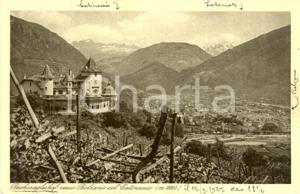 Cartolina originale da collezione 1927 BOLZANO GRIES Veduta REICHSRIEGLERHOF con CATINACCIO Cartolina FP NV 1