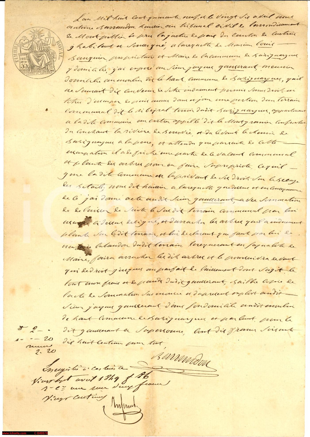 Documento originale, autentico 1849 MONTPELLIER Alberi su terre comunali BAUQUIER 1