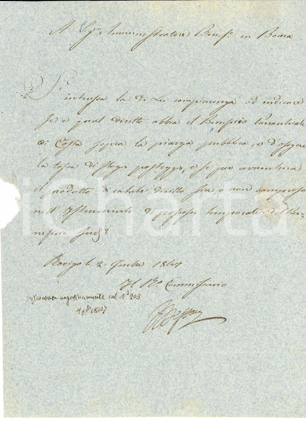 Documento originale, autentico 1847 BOARA POLESINE (RO) Diritti di esazione di un beneficio parrocchiale 1