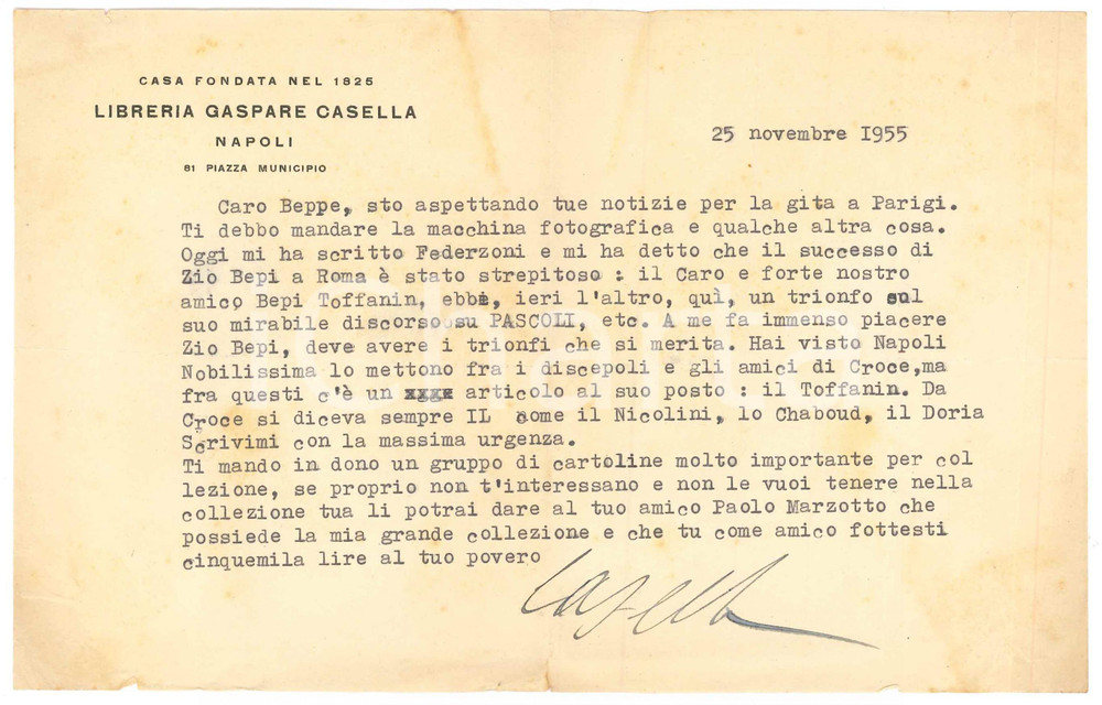 Autografo originale 1955 NAPOLI Lettera Gaspare CASELLA per un dono di cartoline Autografo 1