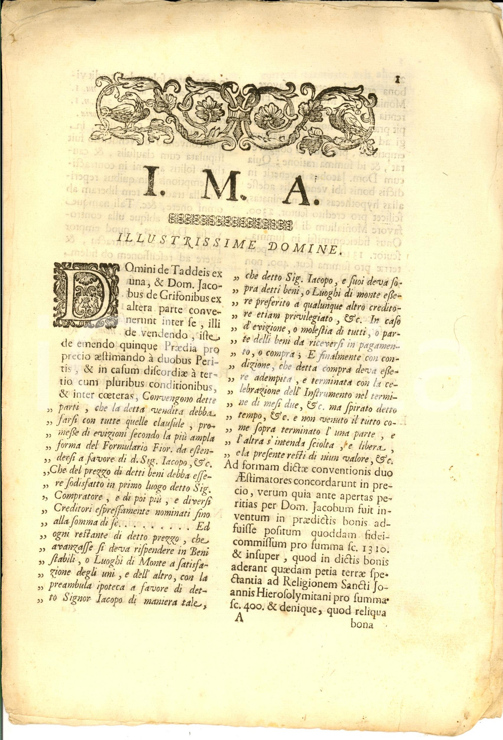 Documento originale, autentico 1695 FIRENZE Intervento dei periti nella vendita tra TADDEI e Jacopo GRIFONI 1