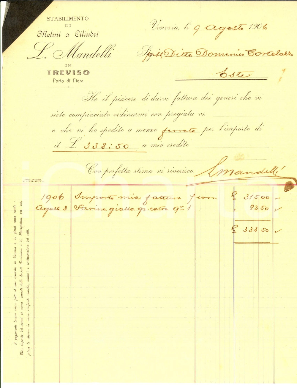 Documento originale, autentico 1906 VENEZIA Stabilimento MANDELLI molino a cilindri Fattura per farina gialla 1