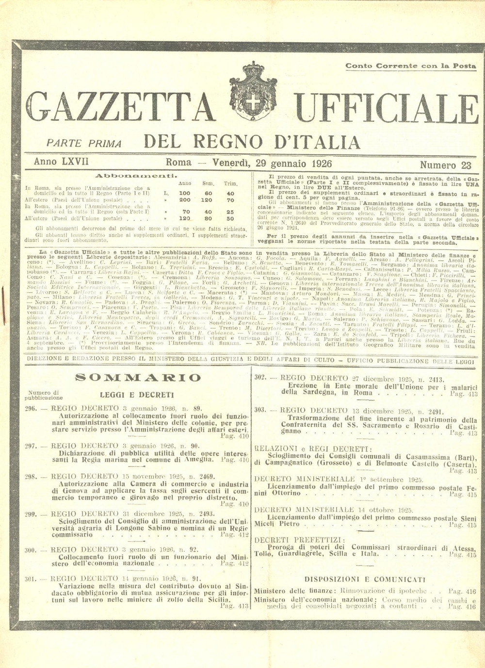 Documento originale, autentico 1926 GAZZETTA UFFICIALE Commercio girovago a GENOVA norme e tariffe 1