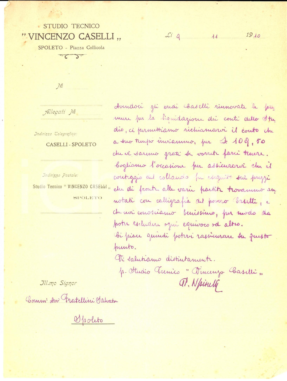 Documento originale, autentico 1910 SPOLETO PG Studio tecnico Vincenzo CASTELLI  Lettera liquidazione conti 1