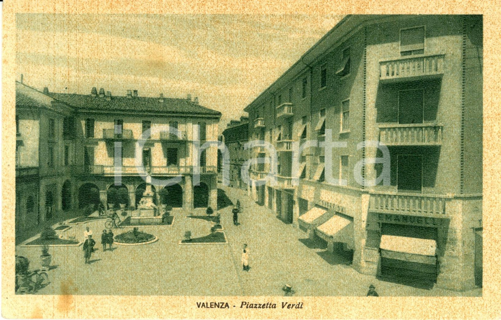 Cartolina originale da collezione 1946 VALENZA (AL) Piazzetta VERDI confezioni EMANUELLI *Cartolina ill. FP VG 1