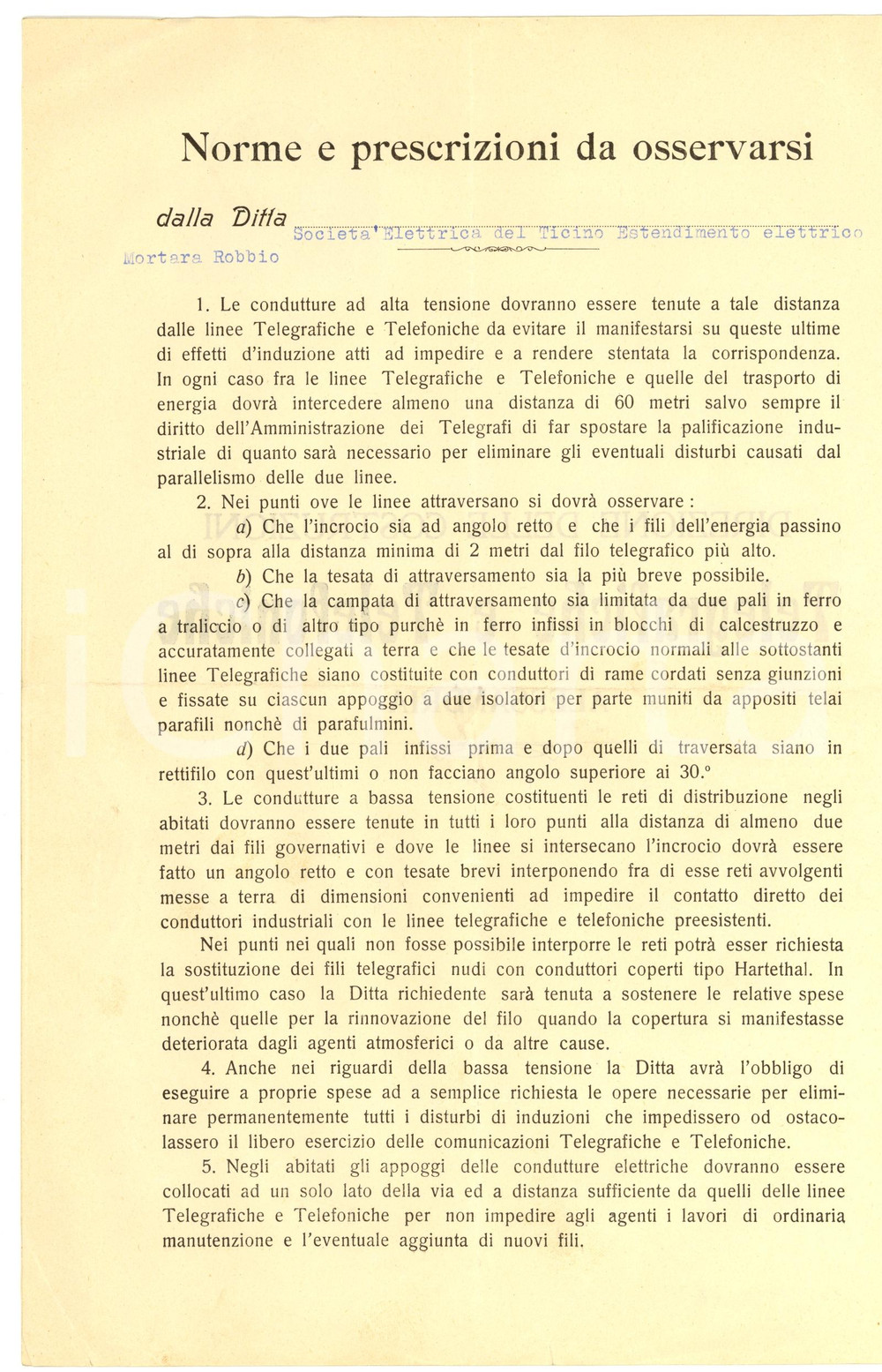 Documento originale, autentico 1935 ROBBIO PV Norme linea elettrica MORTARAROBBIO 1