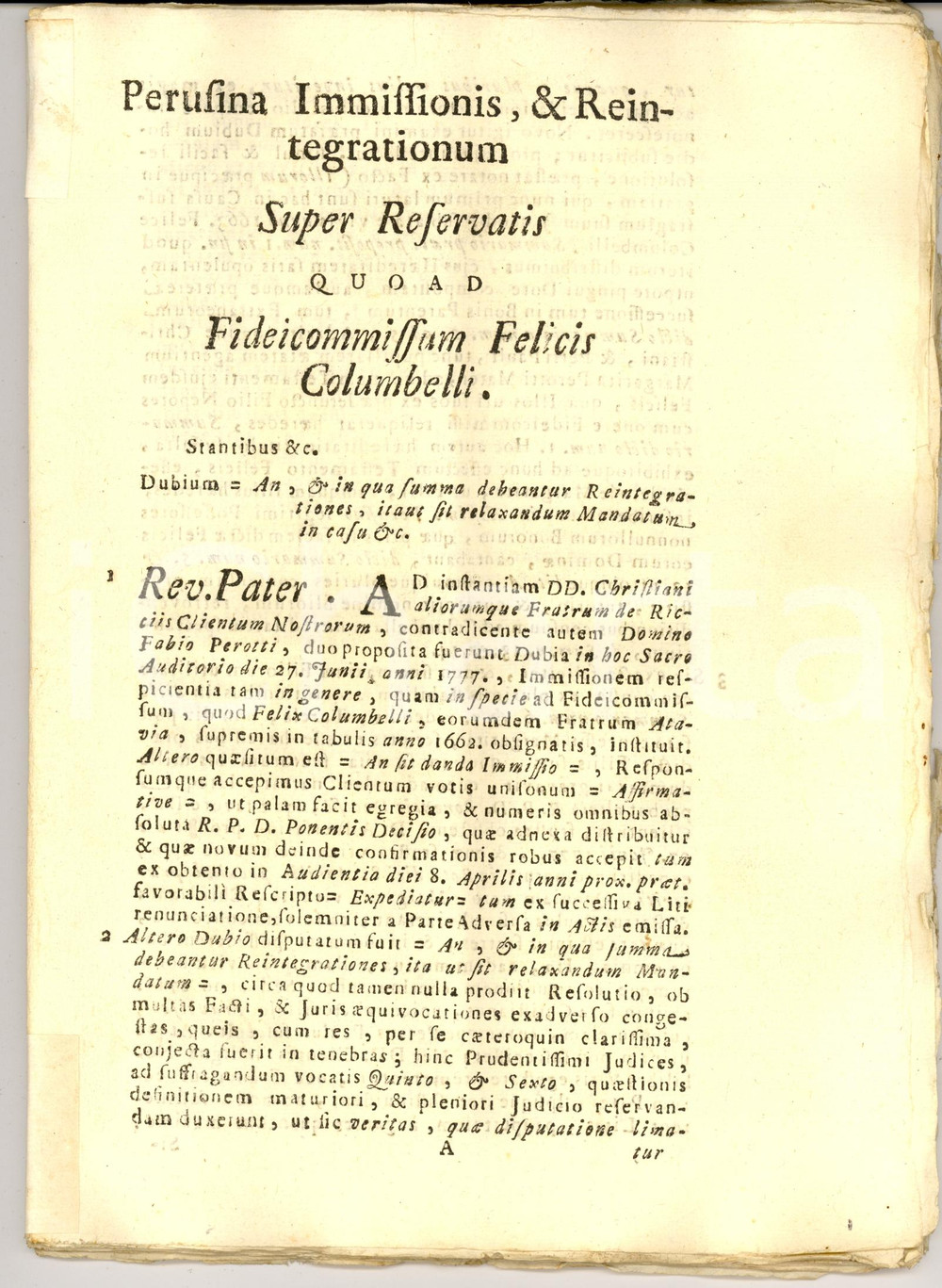 Documento originale, autentico 1779 PERUGIA Lite per ereditÃ  Felice COLOMBELLI RICCI fedecommesso 56 pp. 1