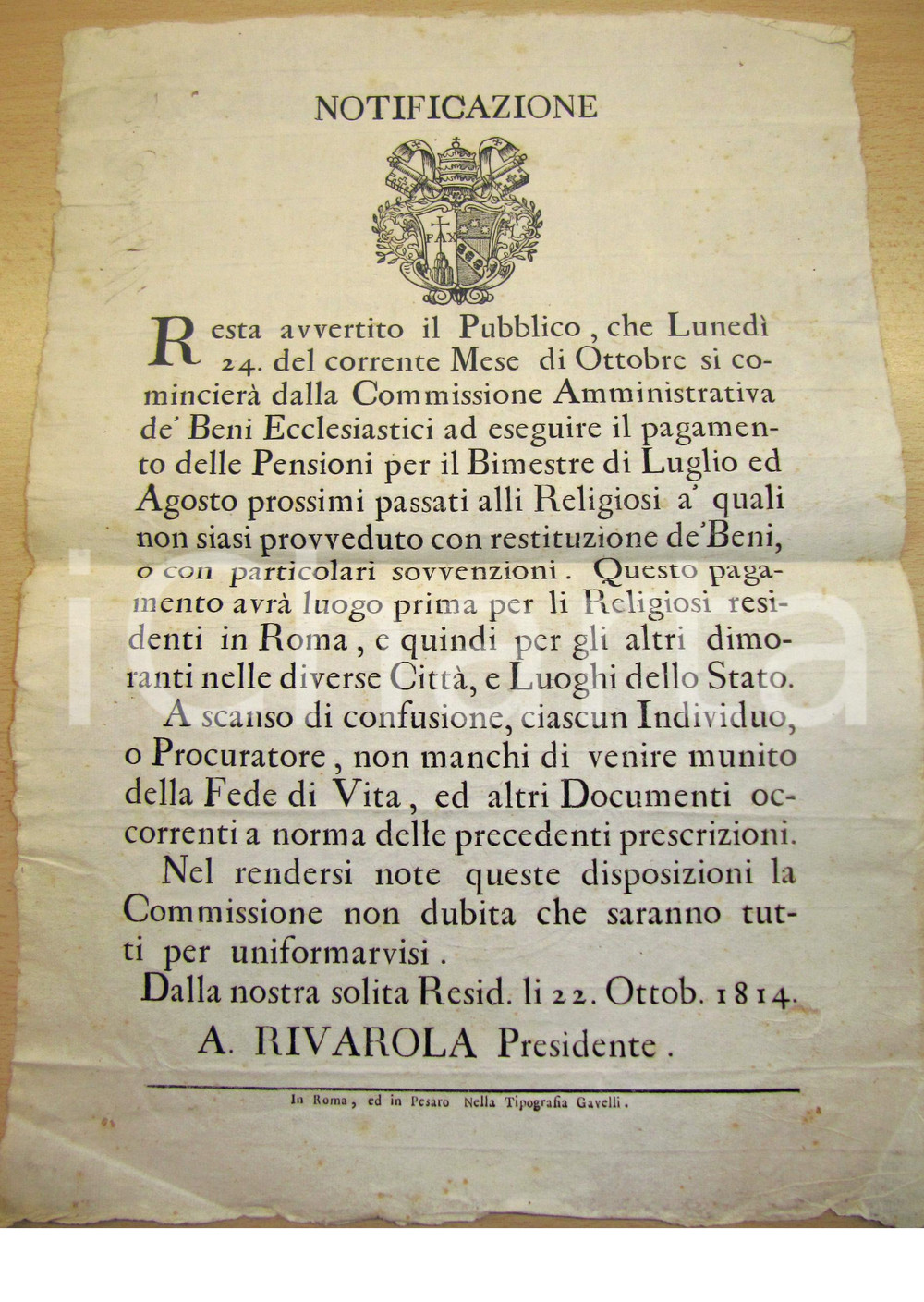 Documento originale, autentico 1814 STATO PONTIFICIO Pensione ai religiosi dopo spoliazioni napoleoniche 1