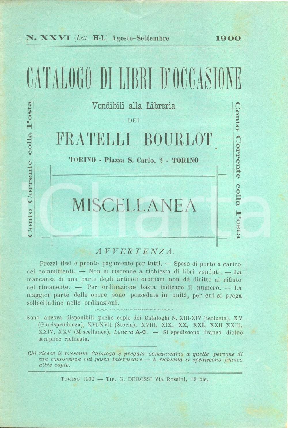 Libro, pubblicazione d epoca 1900 Agosto TORINO Libreria FRATELLI BOURLOT n XXVI Libri occasione Miscellanea 1