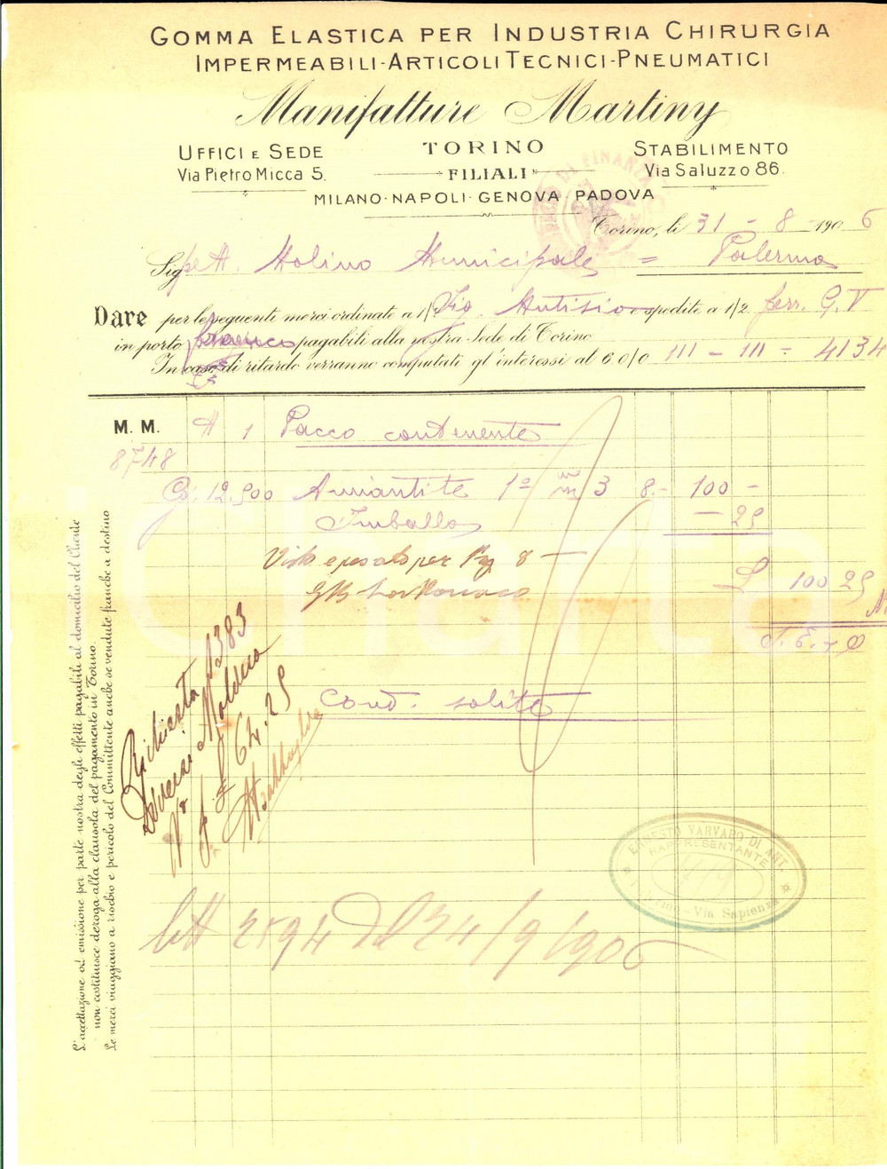 Documento originale, autentico 1906 TORINO Manifatture MARTINY Gomma elastica per industria chirurgia Lettera 1