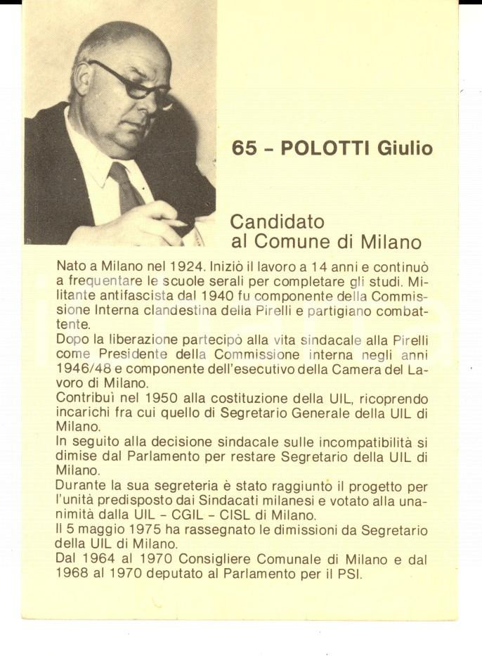Materiale pubblicitario d’epoca 1970 MILANO PSI Elezioni Comunali  Santino elettorale di Giulio POLOTTI 1